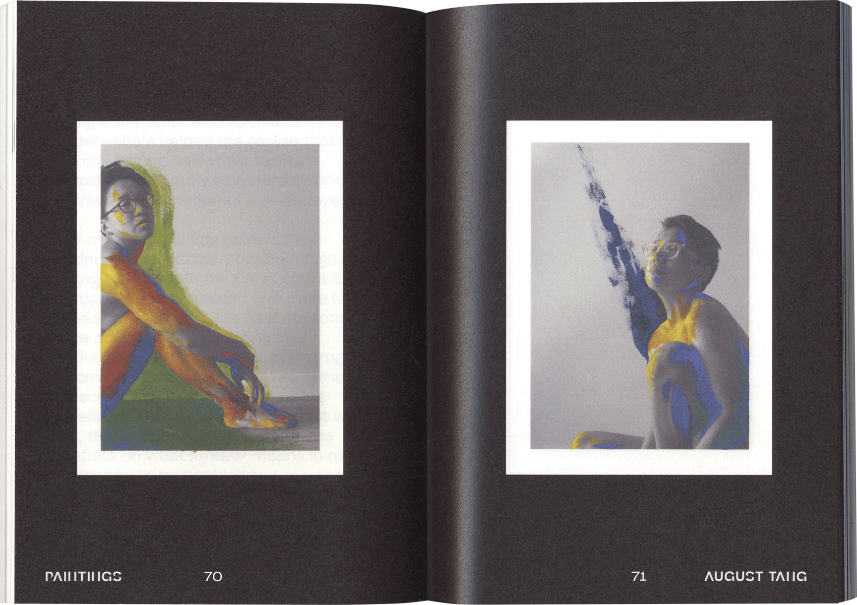 open spread of a book with two self portrait paintings, one on each page