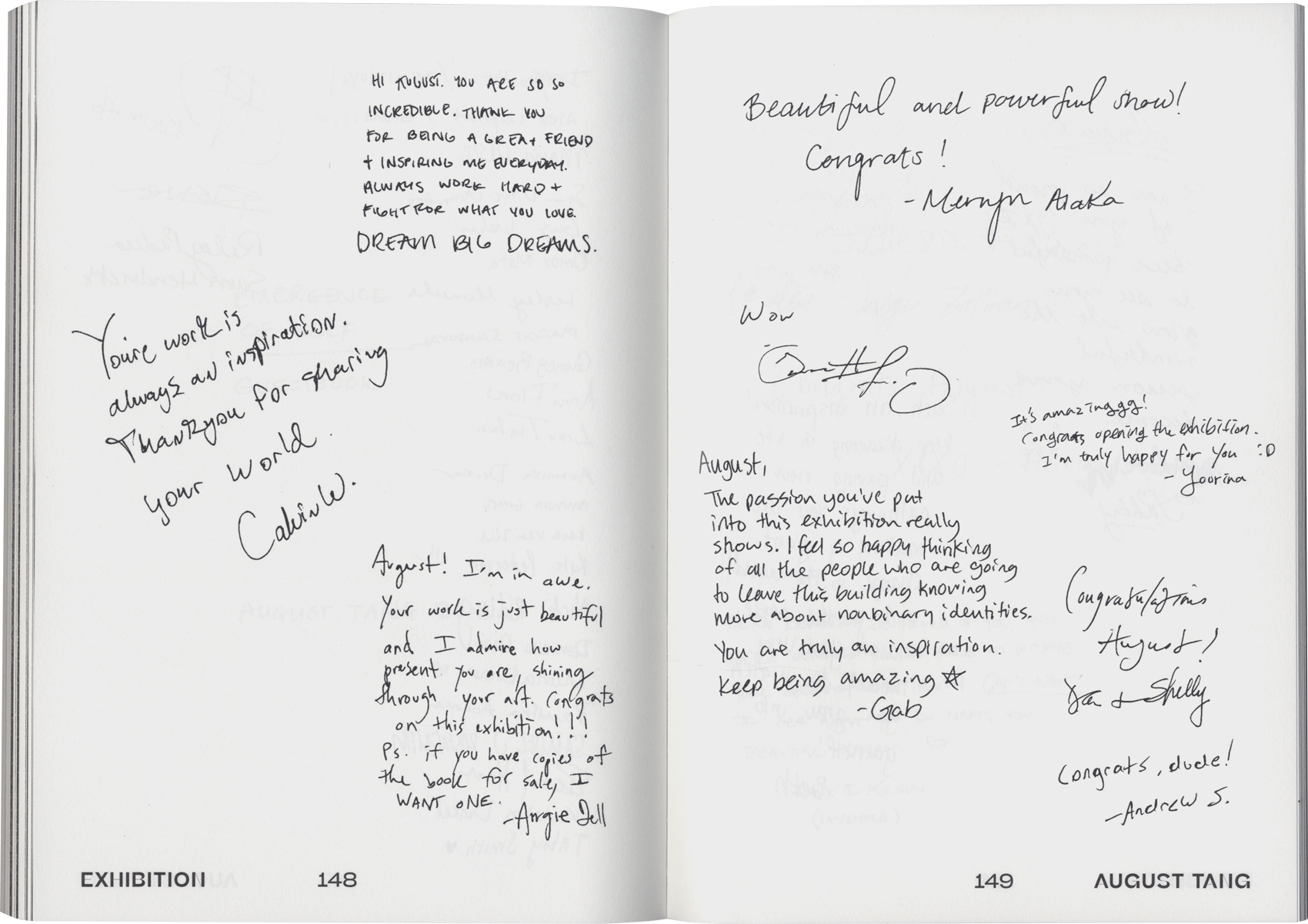 page full of signatures and handwritten notes from the exhibition guest book
