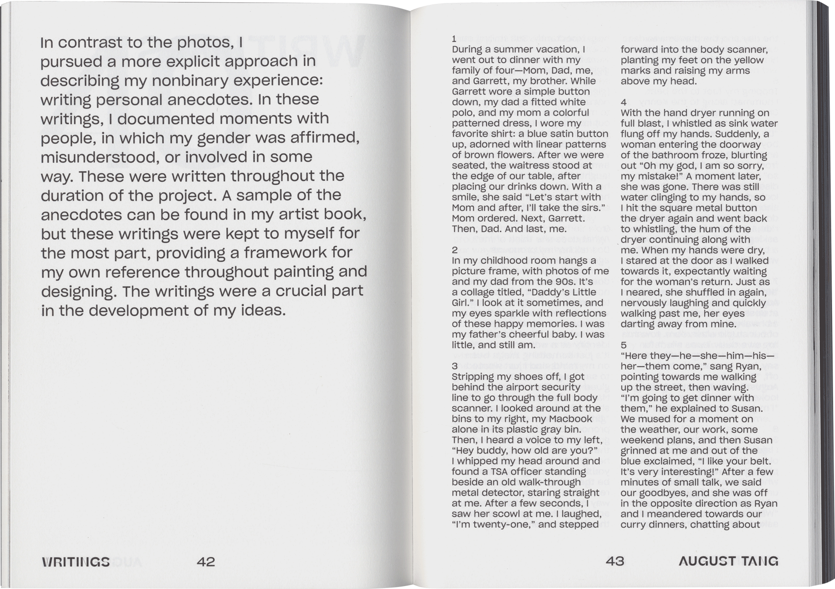 open spread of a book with large block of text on the left, several smaller blocks on the right