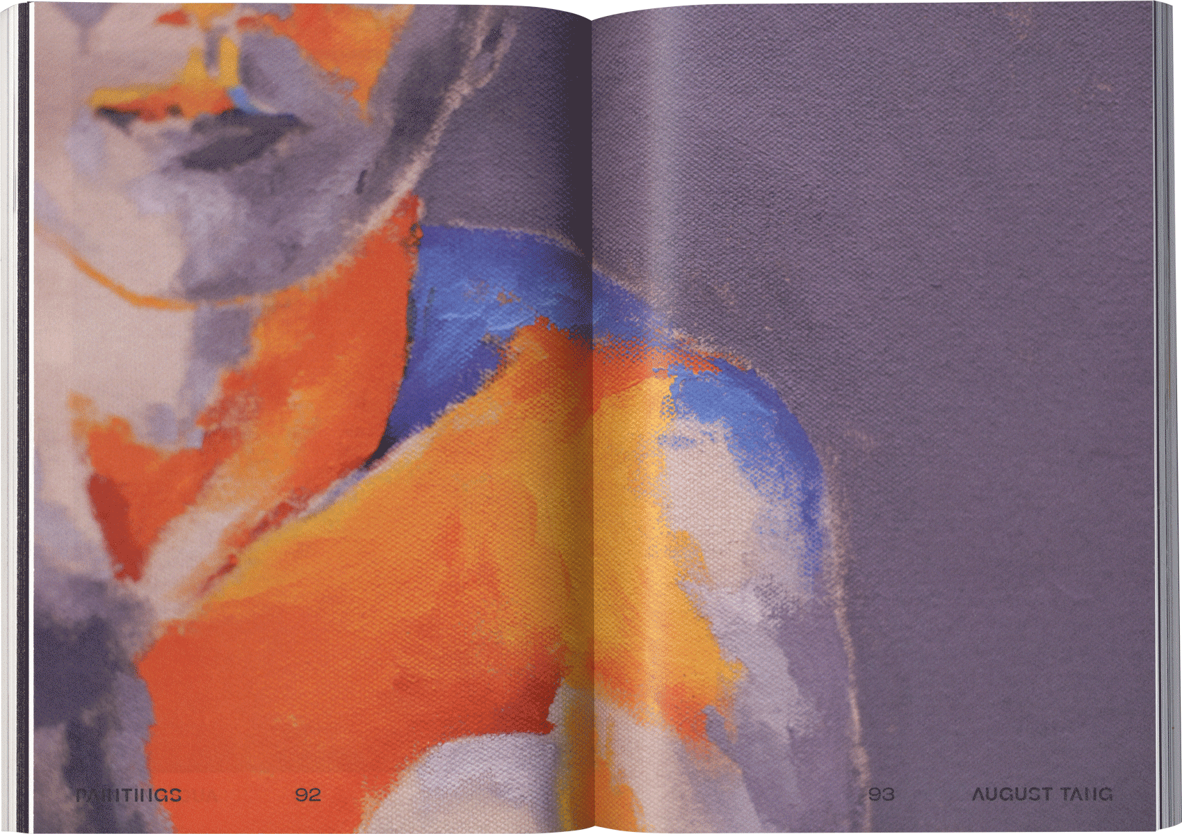 full bleed spread of a book with a close up image of a multicolored painting