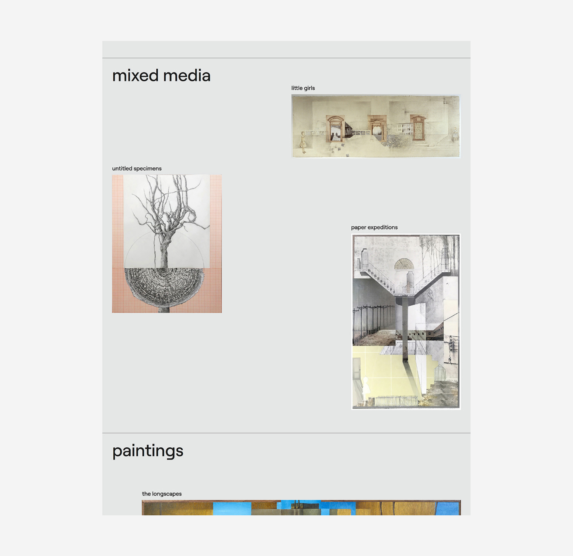section of homepage showing images of mixed media projects and a preview of paintings. arranged in a spacious, dynamic grid