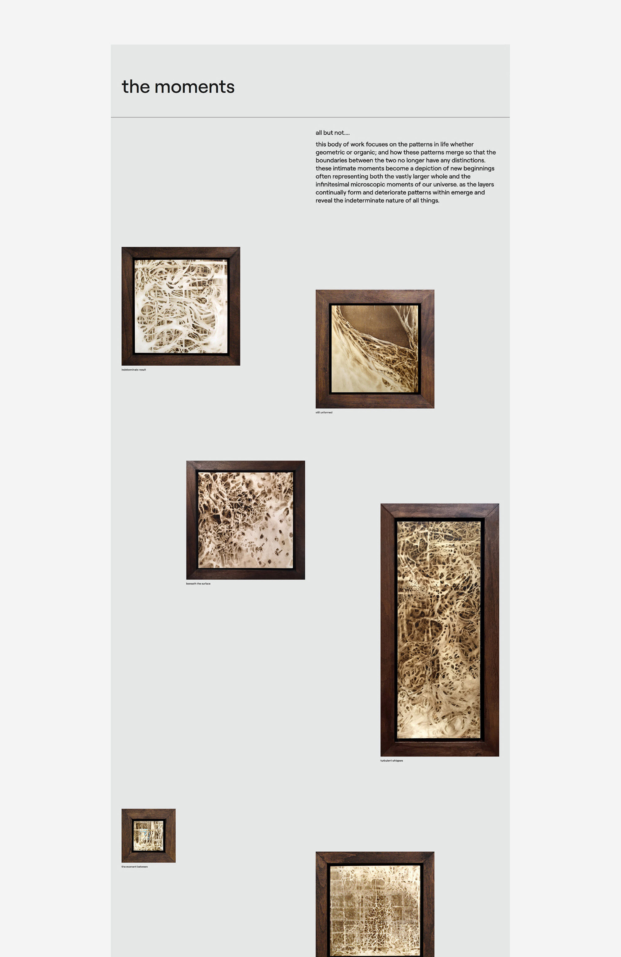 section of a detail page for a series called "the moments", images are various sizes and ratios, depicting porous surfaces in a brown, monochromatic color scheme