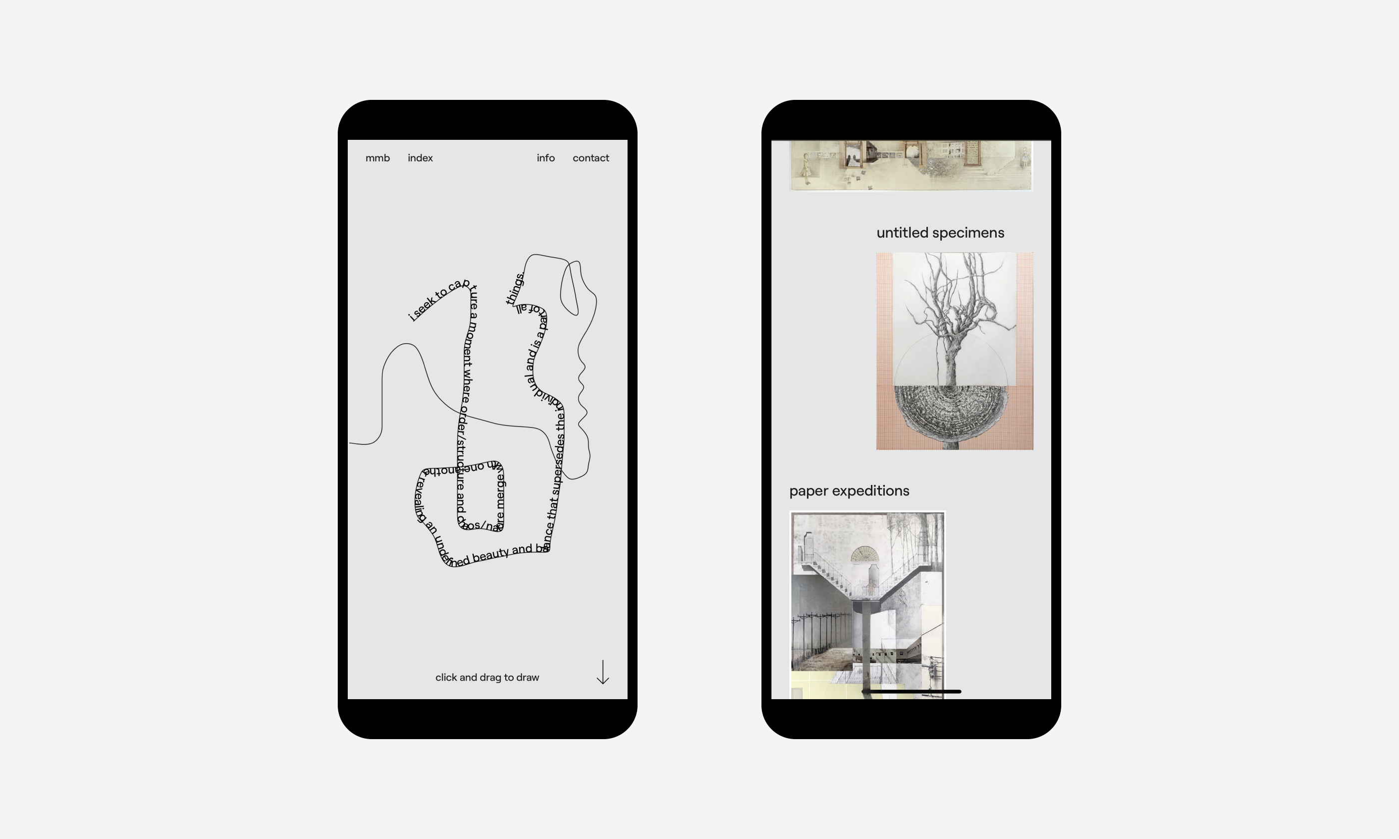 2 mobile screens, 1 of the homepage with a hand drawn line as the hero, another of a homepage segment showing image project preview images in a dynamic grid