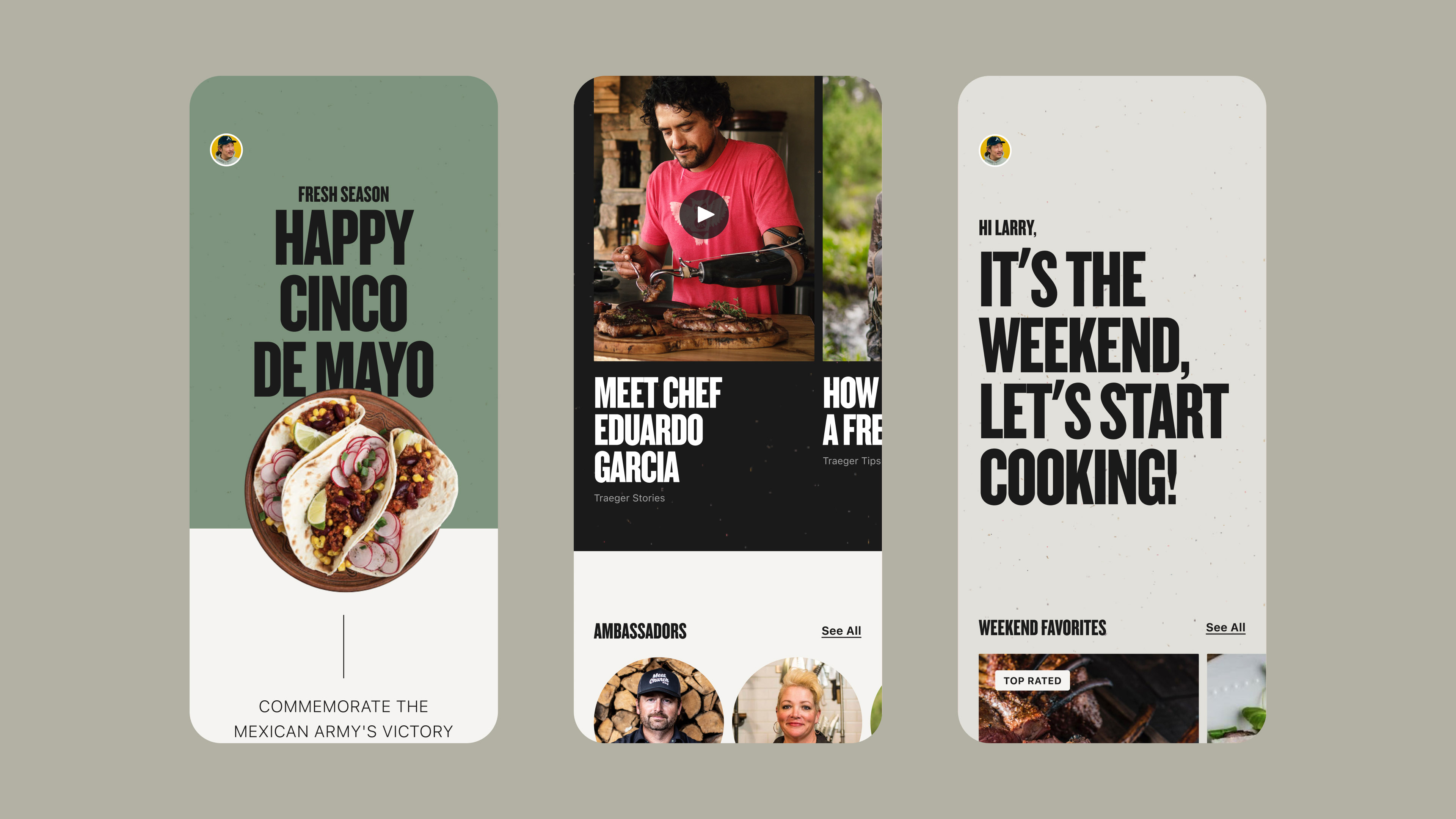 three homepage mobile app screens on a greige background with large type in a condensed font with personalized cooking messages