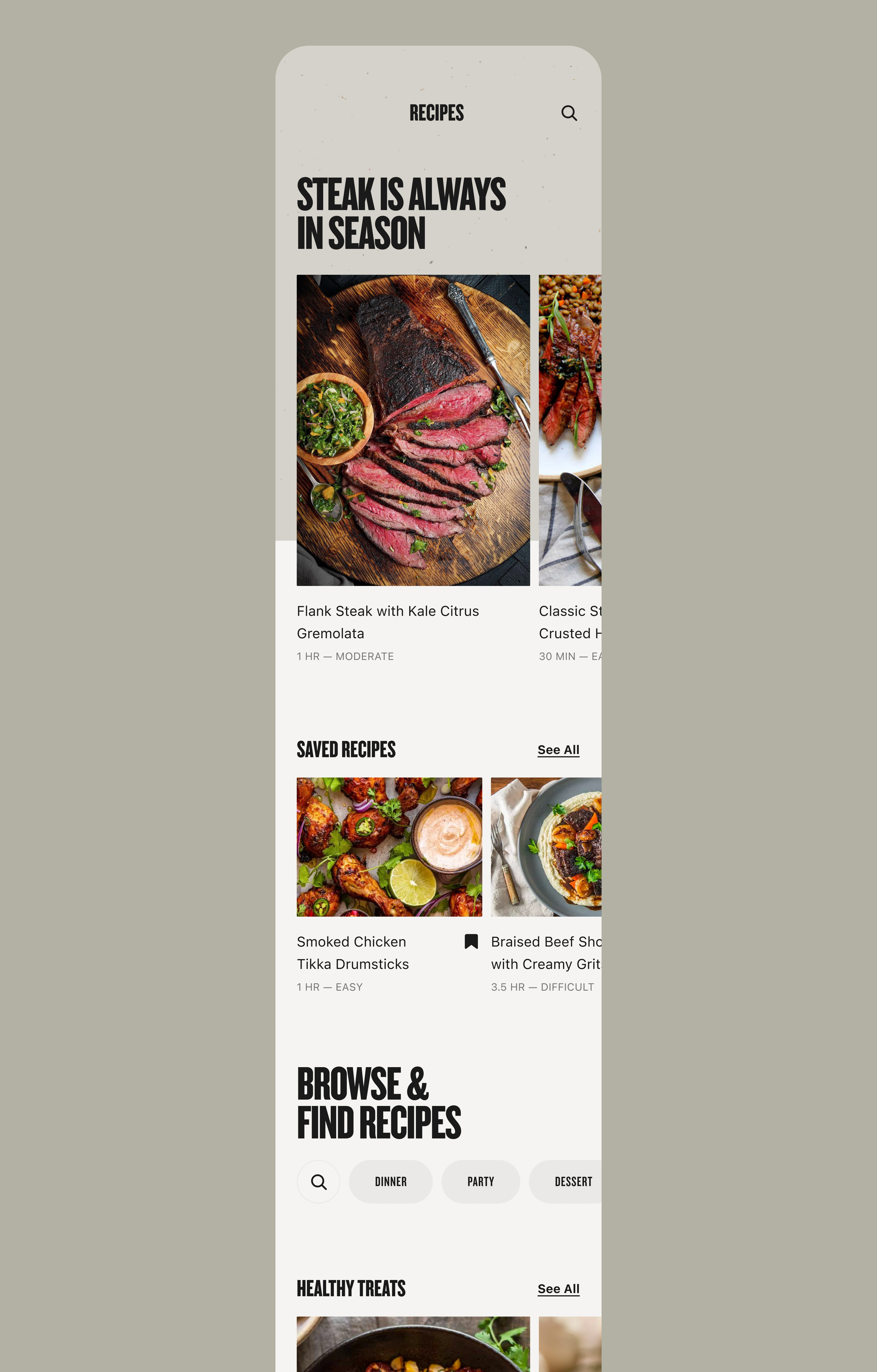 a longscroll of the recipes landing page featuring lifestyle and colorful imagery of smoked meals and a row of round buttons to filter and search