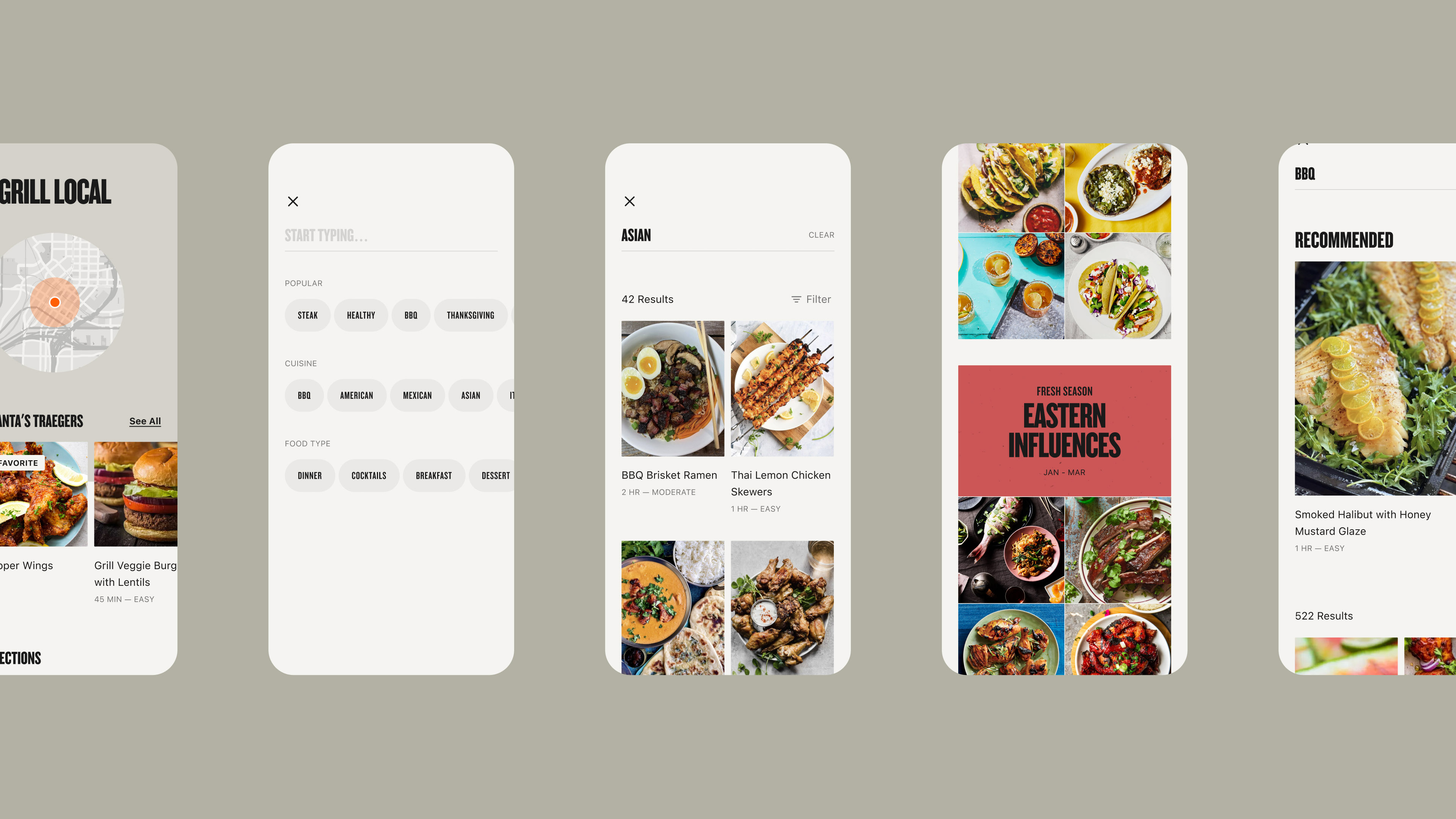 a dynamic two-up of app mobile screens showcasing guided cooks functionality, which allows users to build a meal, then set it and forget it by following step by step instructions paired with grill automation