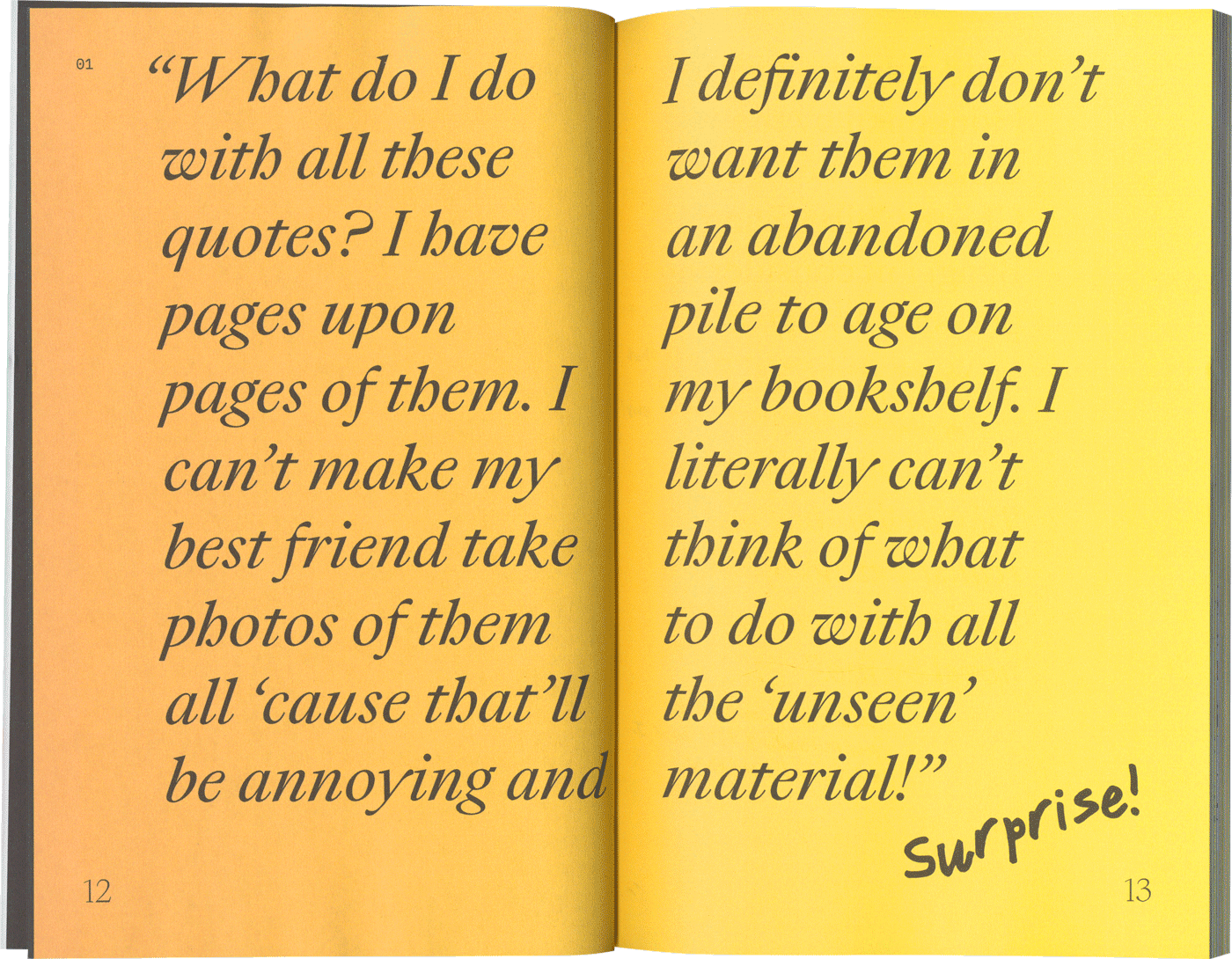 yellow and orange spread of a book with large, serif type