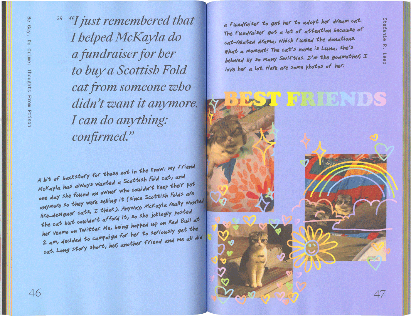 blue and purple spread of a book, three images of a cat with rainbow flowers, hearts, and stars drawn around them