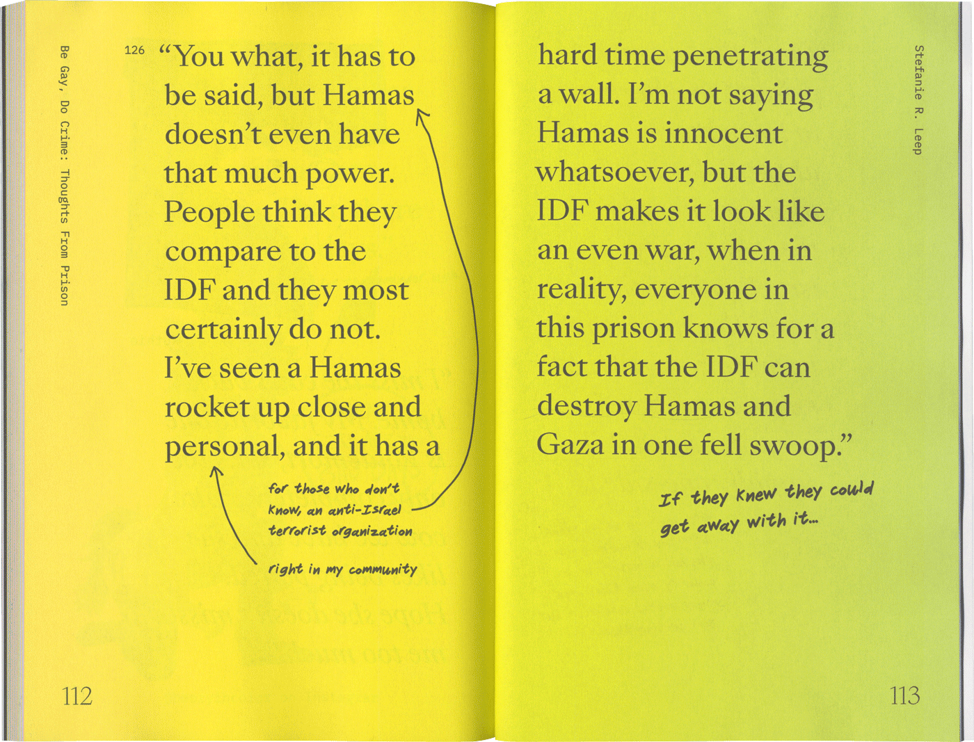 yellow and green spread of a book with large quotes and a few more handwritten notes, including hand-drawn arrows to point to the related text