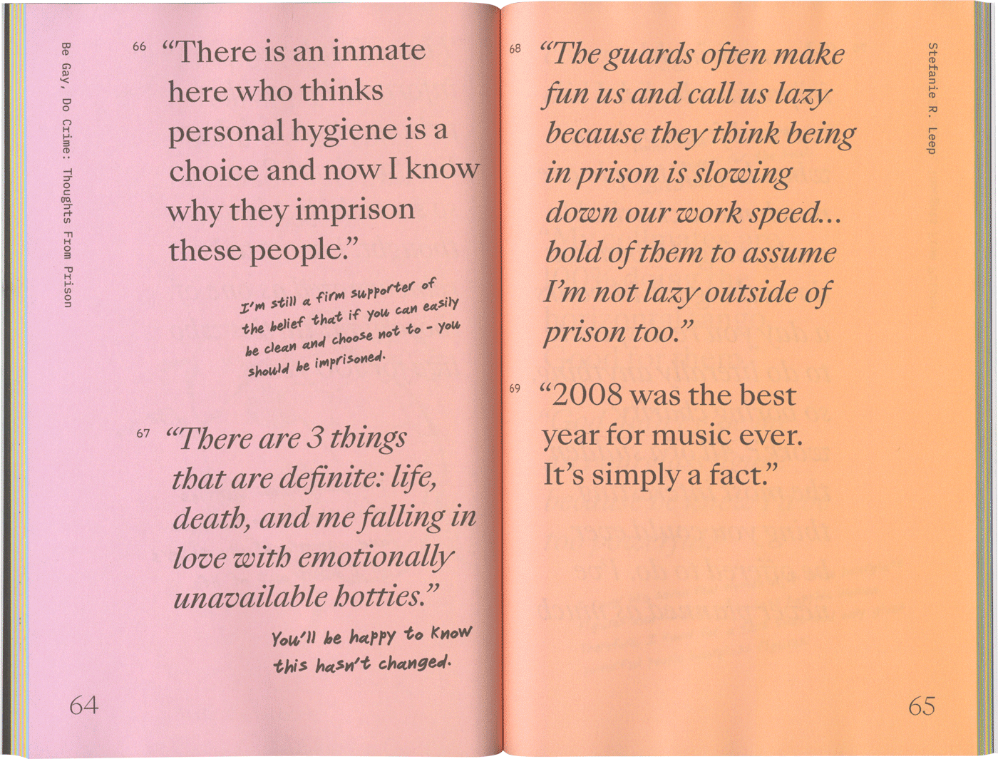 pink and orange spread of a book with large quotes and handwritten notes in the margins
