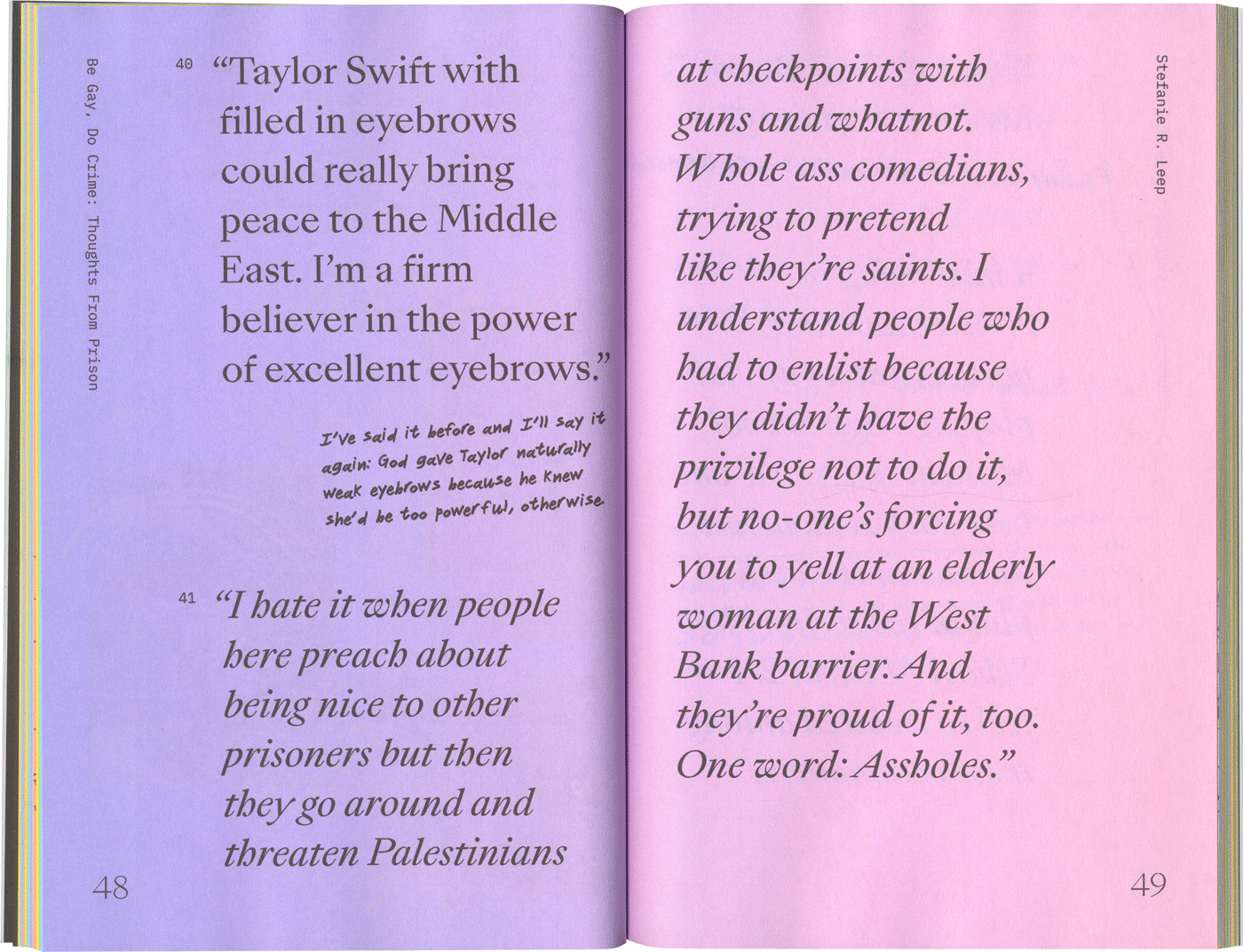 purple and pink spread of a book with large quotes and a handwritten note in the margin